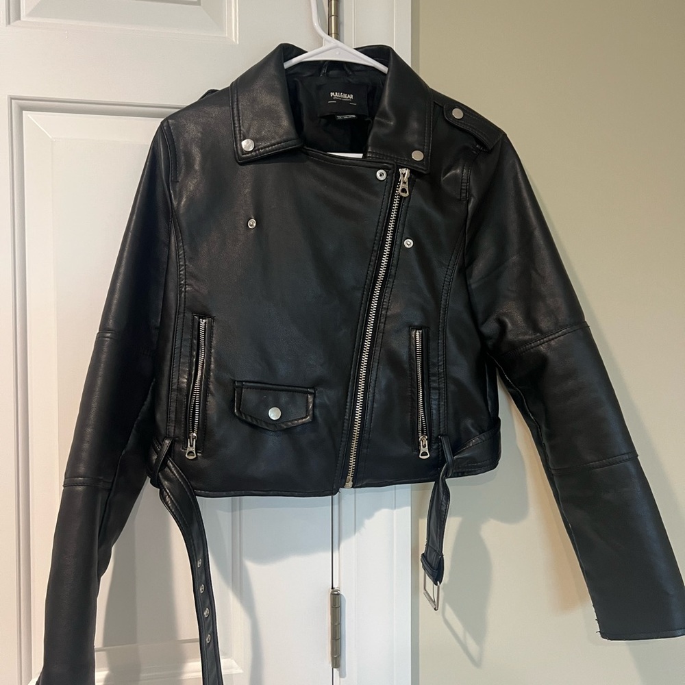 Pull&Bear Black Leather Moto Jacket with Belt